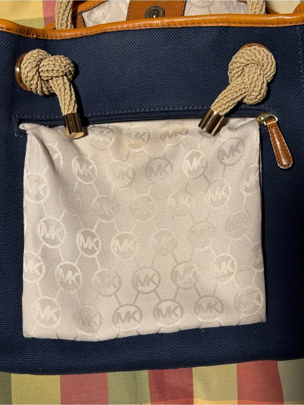 Michael Kors Navy Canvas Shoulder Bag with Tan Trim and Cream Rope Handles